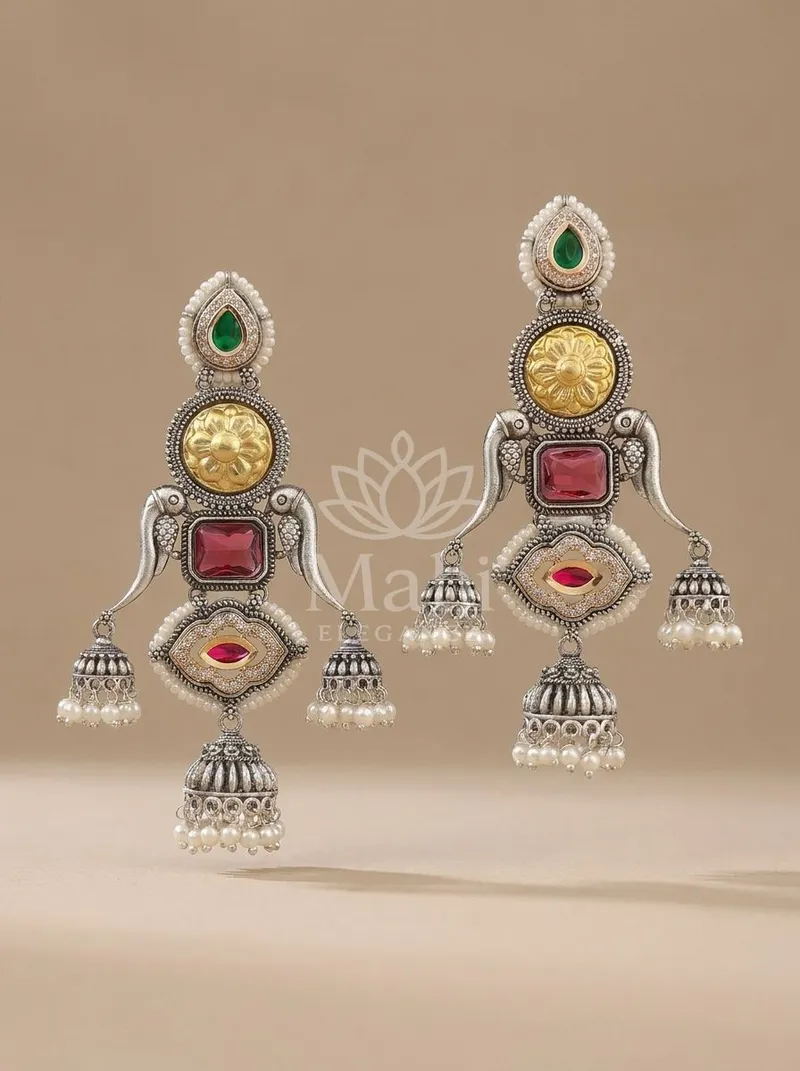 Triple Tiered Peacock Jhumkas — Brass Earring