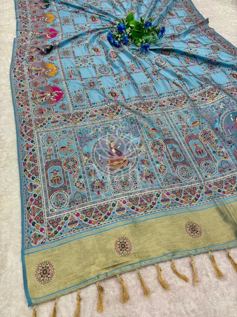 Sky Blue Pashmina Silk Saree, Rajwadi Weave with Lagdi Patta — Pashmina