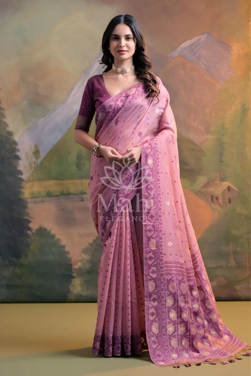 Pink Muga Cotton Saree, Jamdani Weave — Muga-Cotton