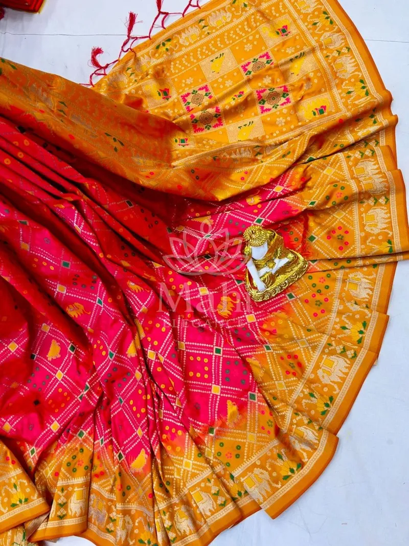 Gajari and Yellow Patola Silk Saree, Golden Zari Weave — Patola