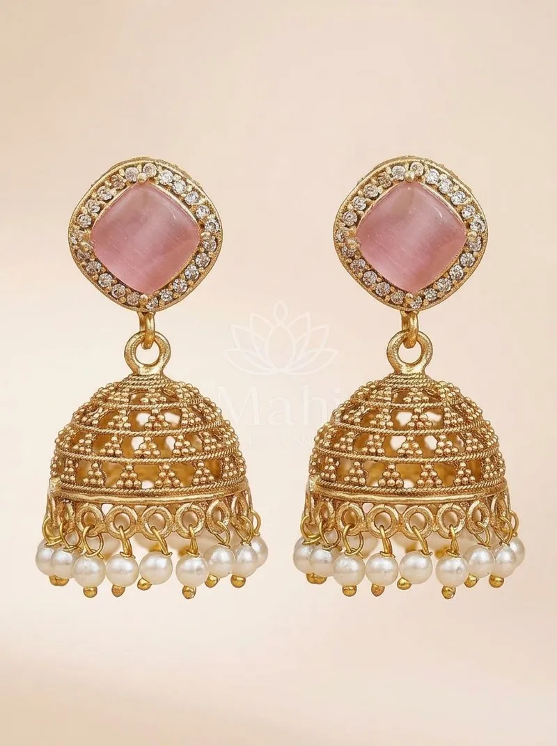 Stone Halo Domed Jhumkas — Brass Earring