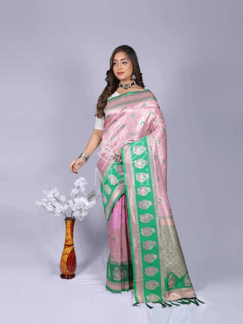 Baby Pink Kanchipuram Silk Saree, Zari Weave — Kanchipuram