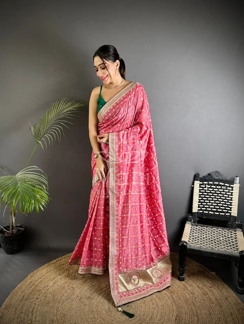 Baby Pink Vichitra Silk Saree, Bandhani & Sequin Work — Bandhani