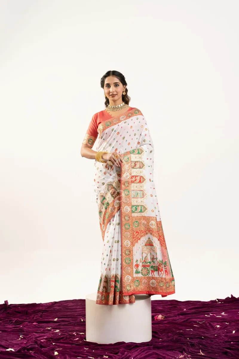 White Pashmina Silk Saree, Barrat & Meena Weave — Pashmina