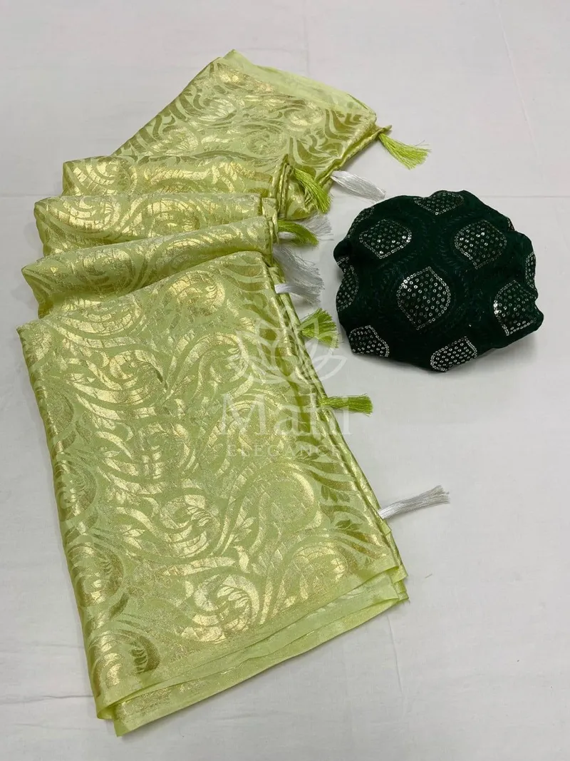Pista Green Dola Silk Saree, Foil Print — Dola