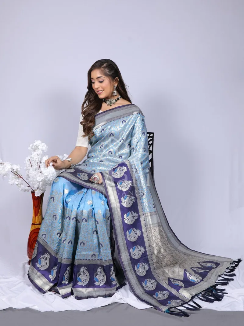Sky Blue Kanchipuram Silk Saree, Zari Weave — Kanchipuram