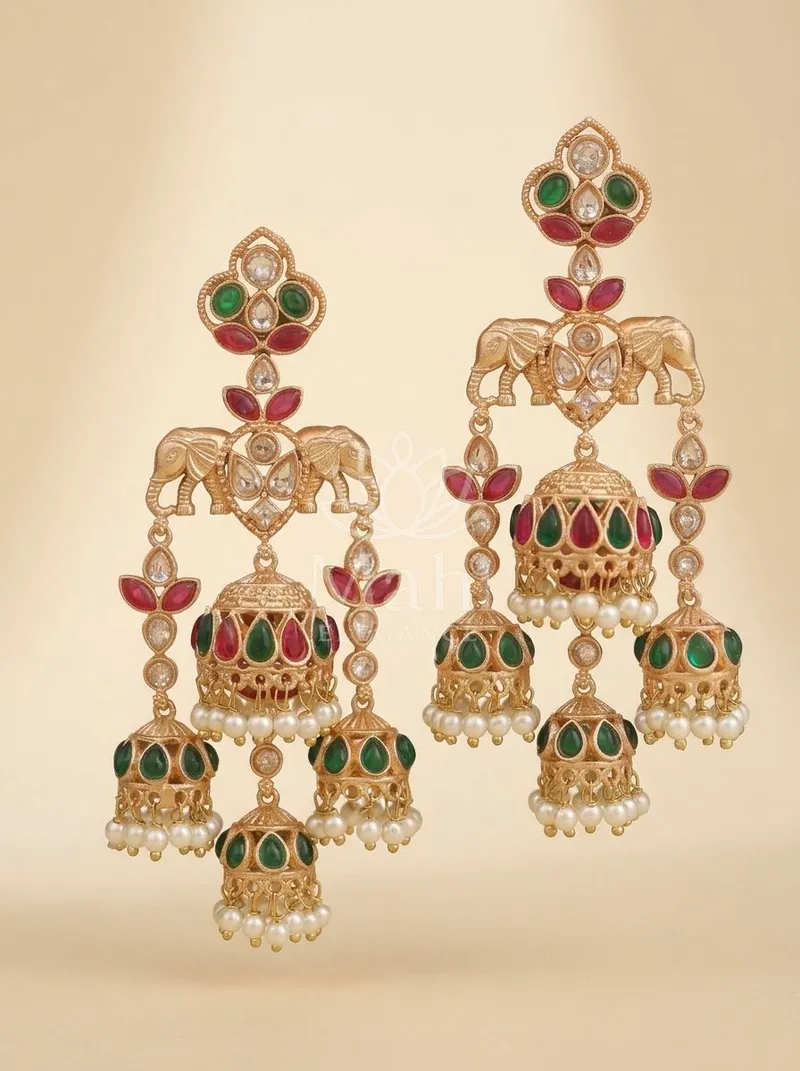 Elephant Motif Triple Jhumkas — Brass Earring