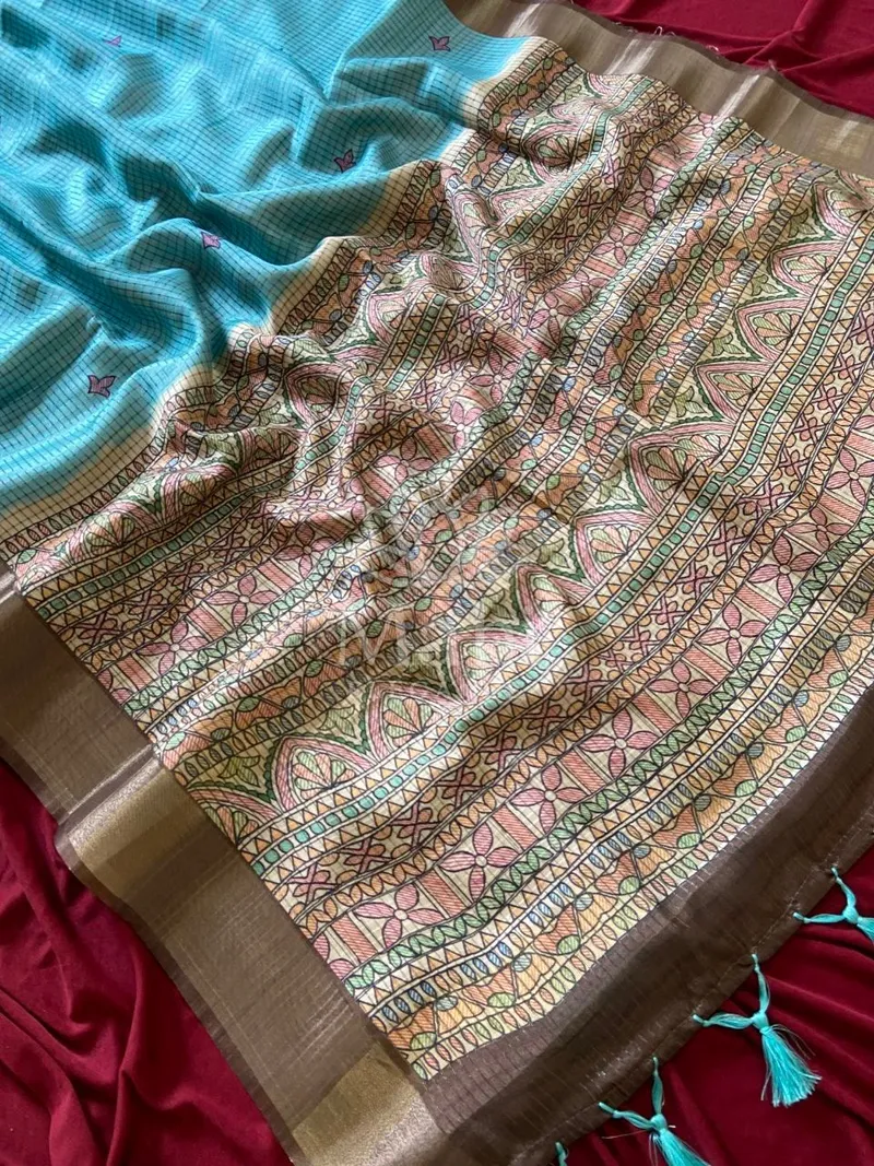 Sky Blue Tussar Silk Saree, Madhubani Print — Tussar