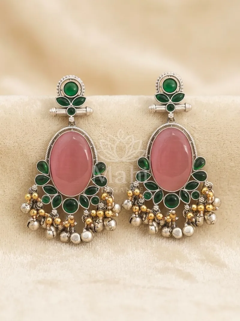 Oval Stone Beaded Fringe Danglers — Brass Earring