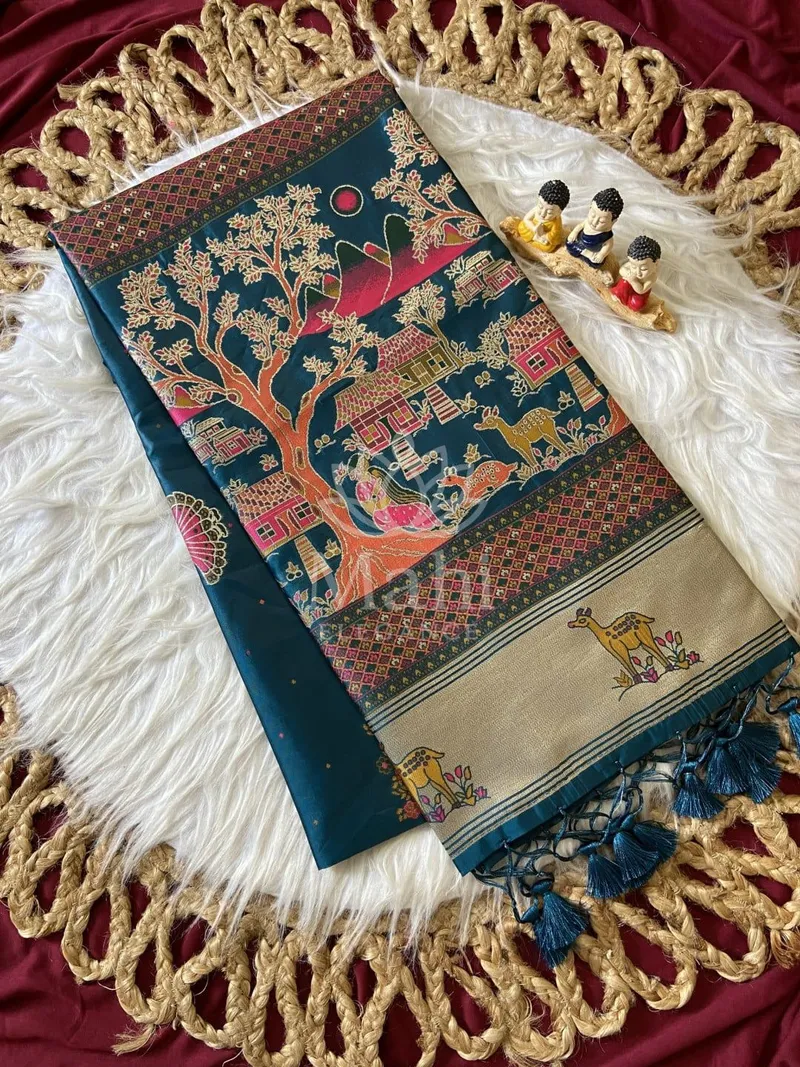 Teal Blue Banarasi Silk Saree, Pashmina Weave — Banarasi