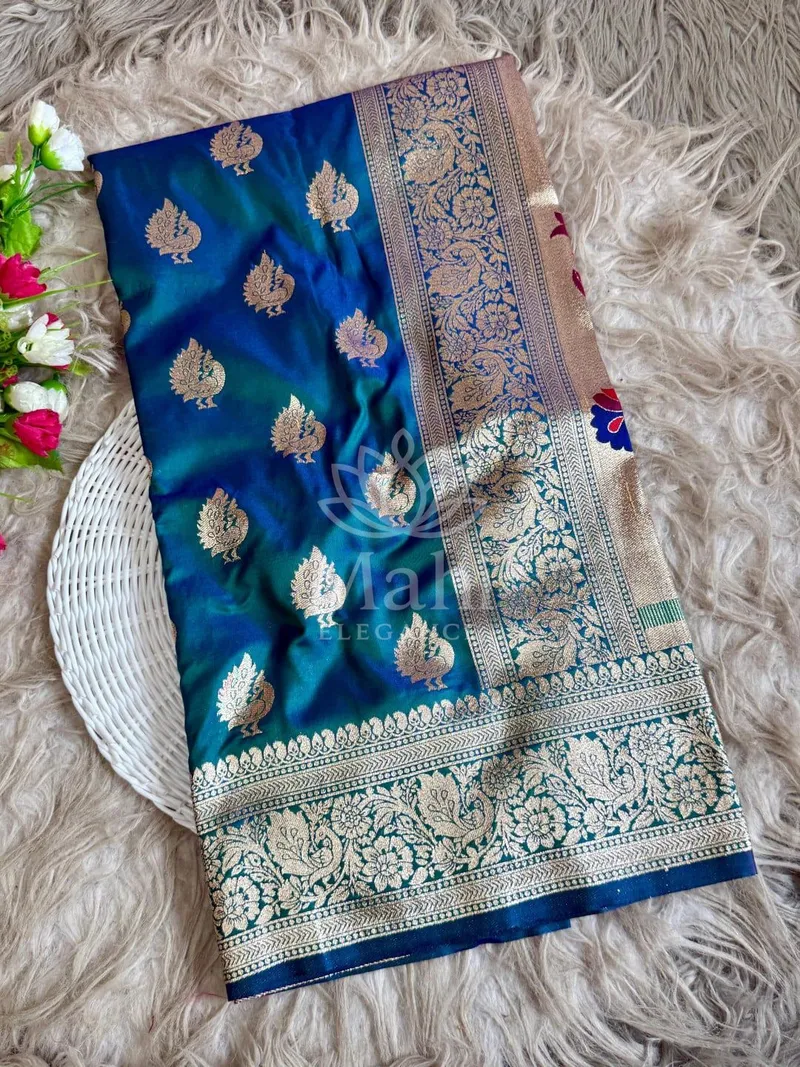 Firoji Paithani Silk Saree, Meenakari Zari Weave — Paithani