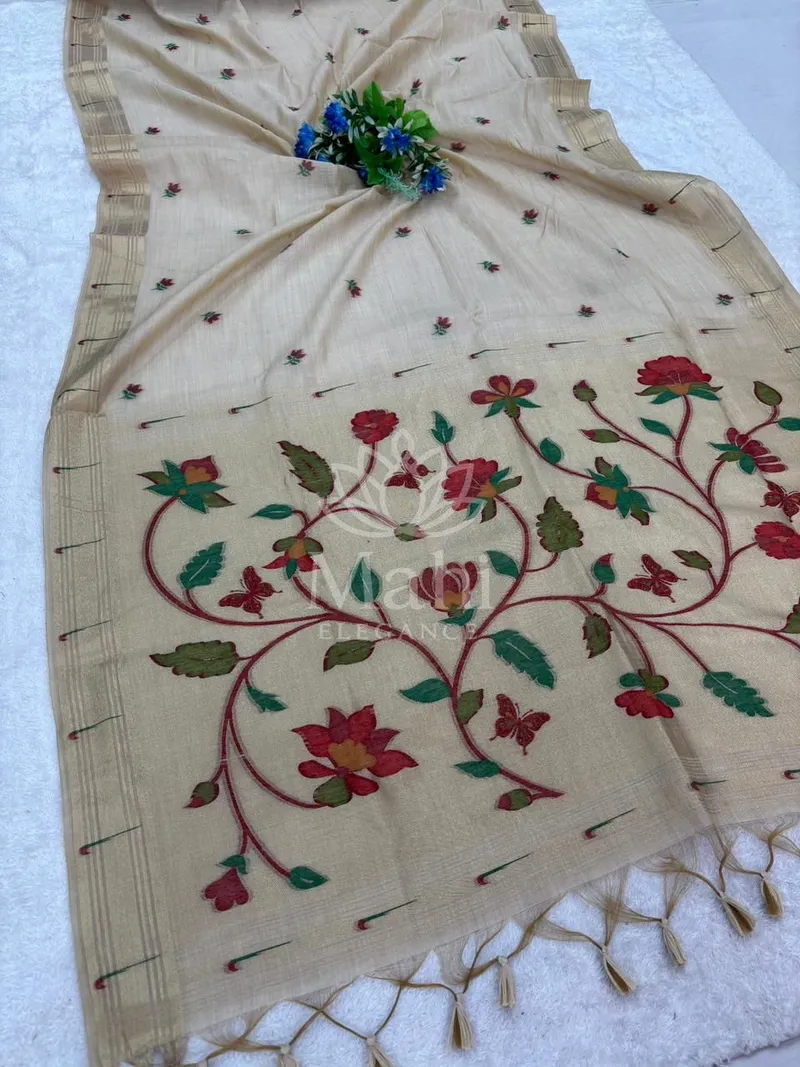 Beige Muga Cotton Saree, Paithani Zari Border — Paithani