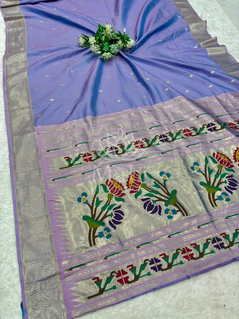 Lavender Lichi Silk Paithani Saree, Gold Jari Butti Weave — Paithani
