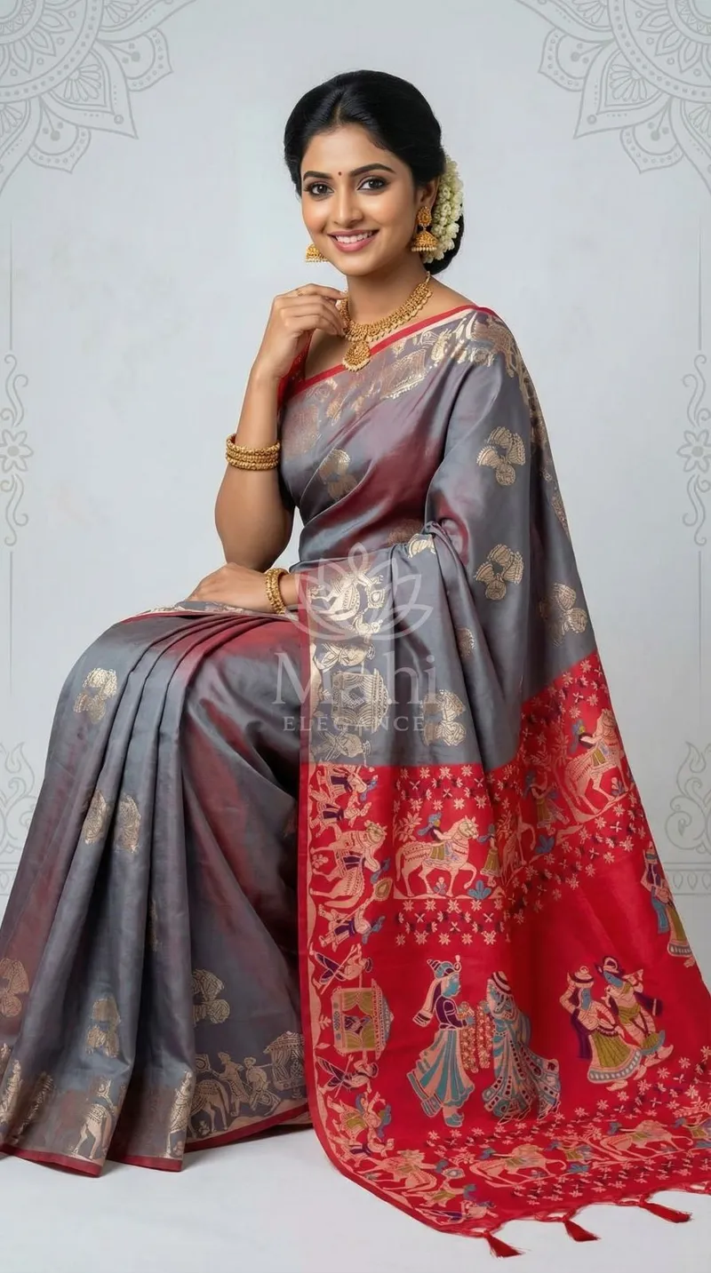 Gray Raw Silk Saree, Woven Design — Raw Silk