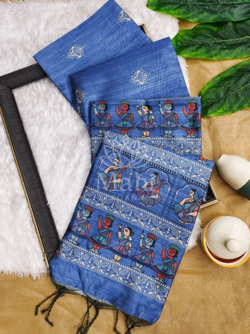 Light Blue Tussar Silk Saree, Madhubani Print — Tussar