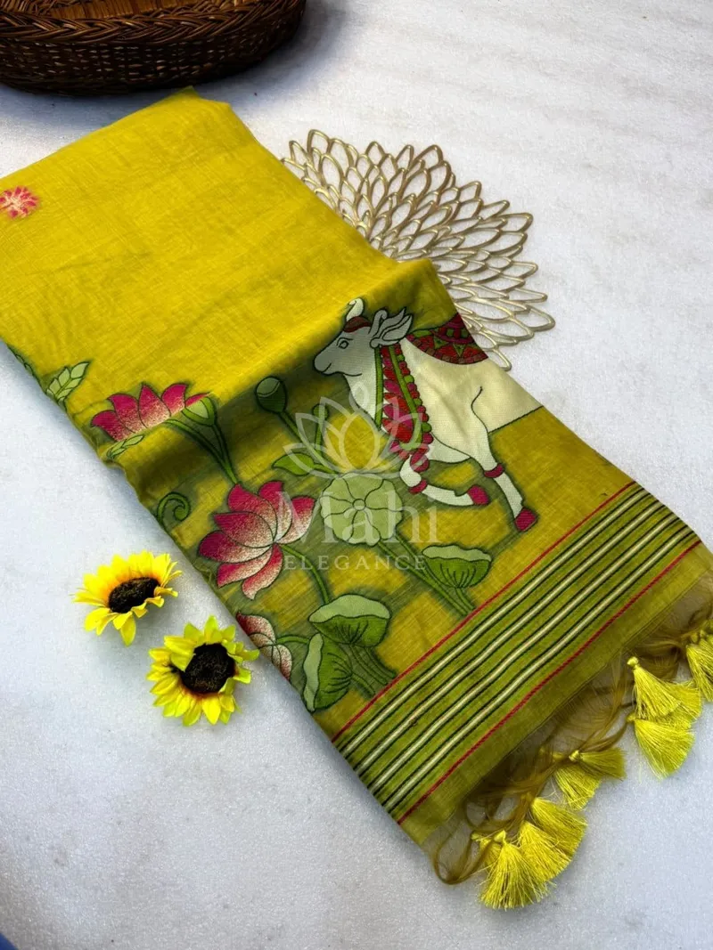 Yellow Muga Cotton Saree, Pichwai Weave — Muga-Cotton