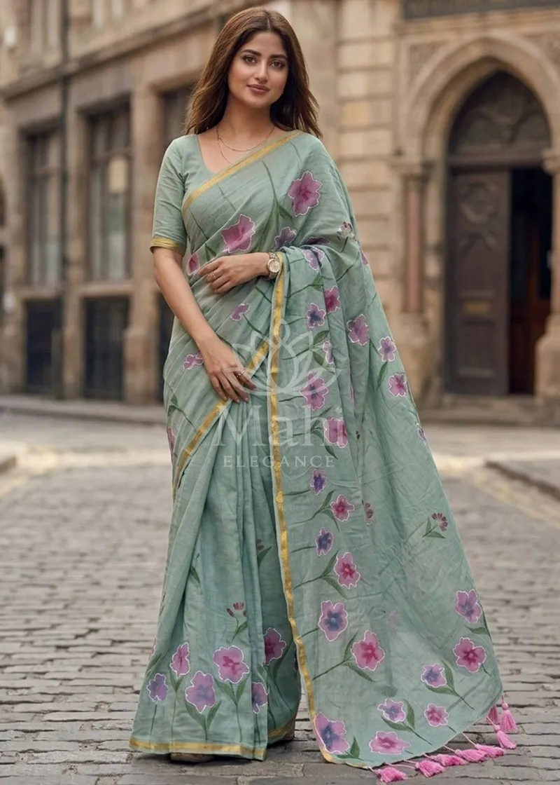 Pista Green Mulmul Cotton Saree, Hand Block Print — Cotton