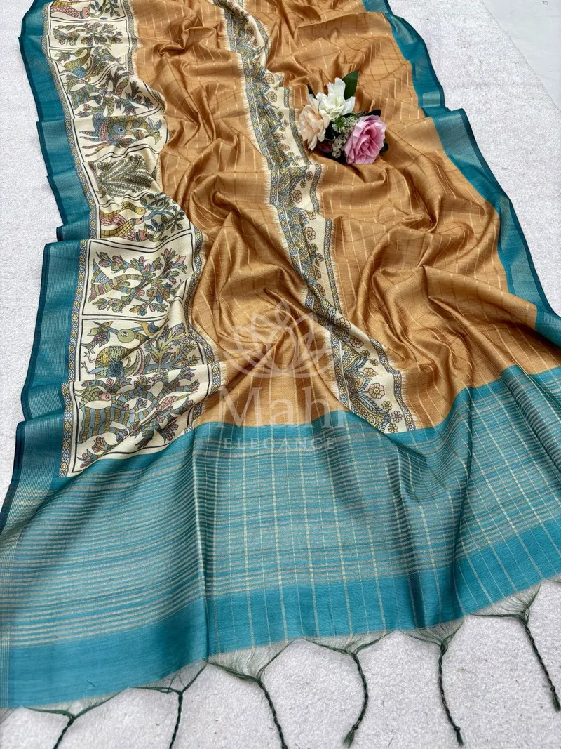 Mustard Yellow Tussar Silk Saree, Thread Weave — Tussar