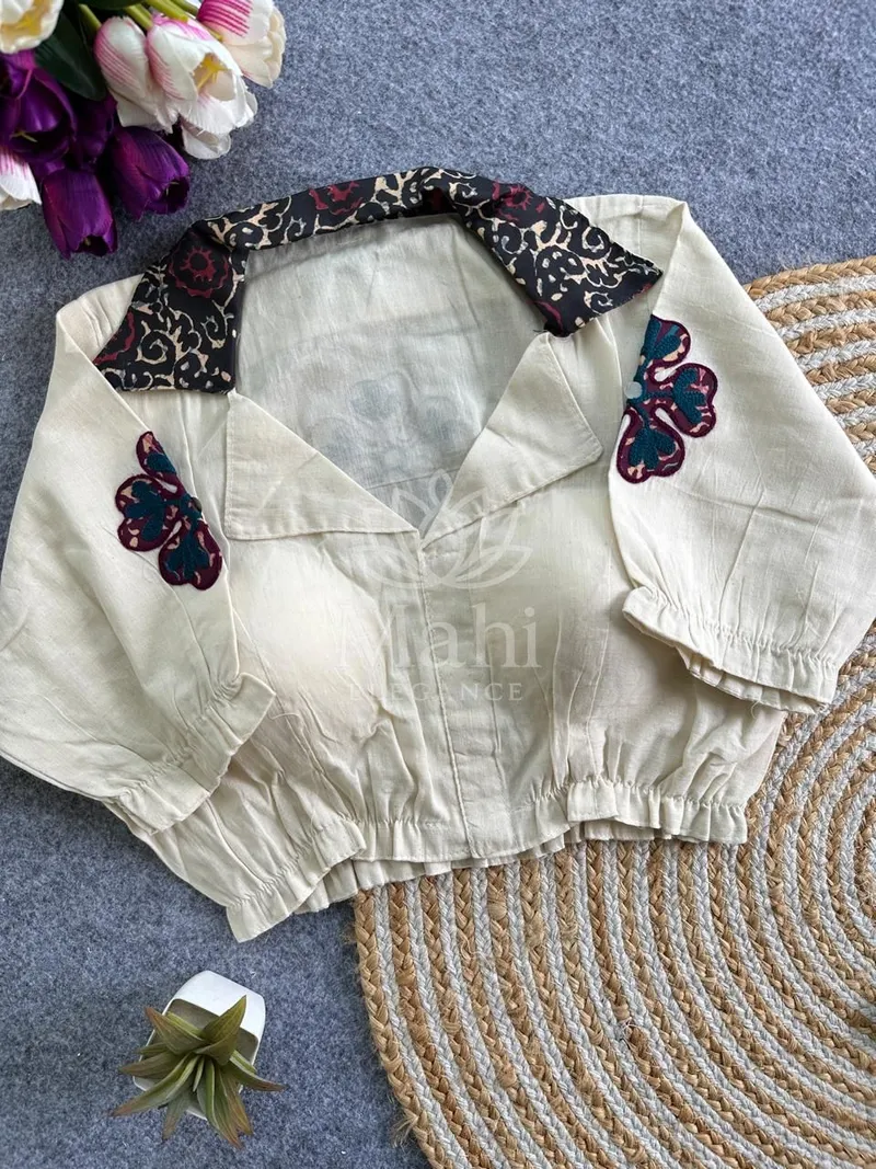 Off white color thread appliqué and embroidery work pure camric cotton Ready made blouse — Blouse