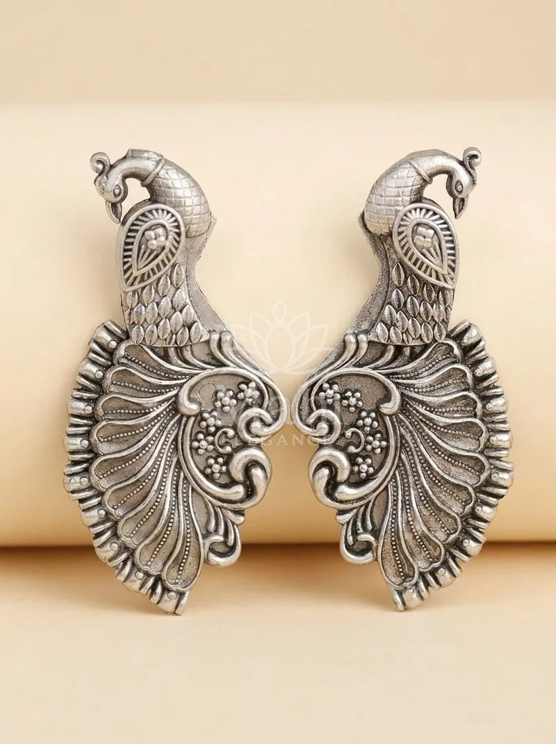 Peacock Motif Oxidised Studs — Brass Earring