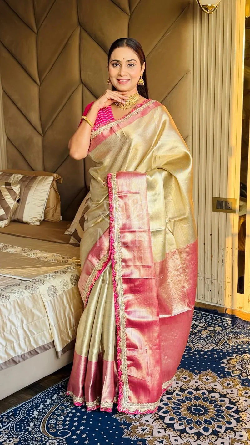 Gold Kanchipuram Tissue Silk Saree, Kaju Katli & Brocade Weave — Kanchipuram