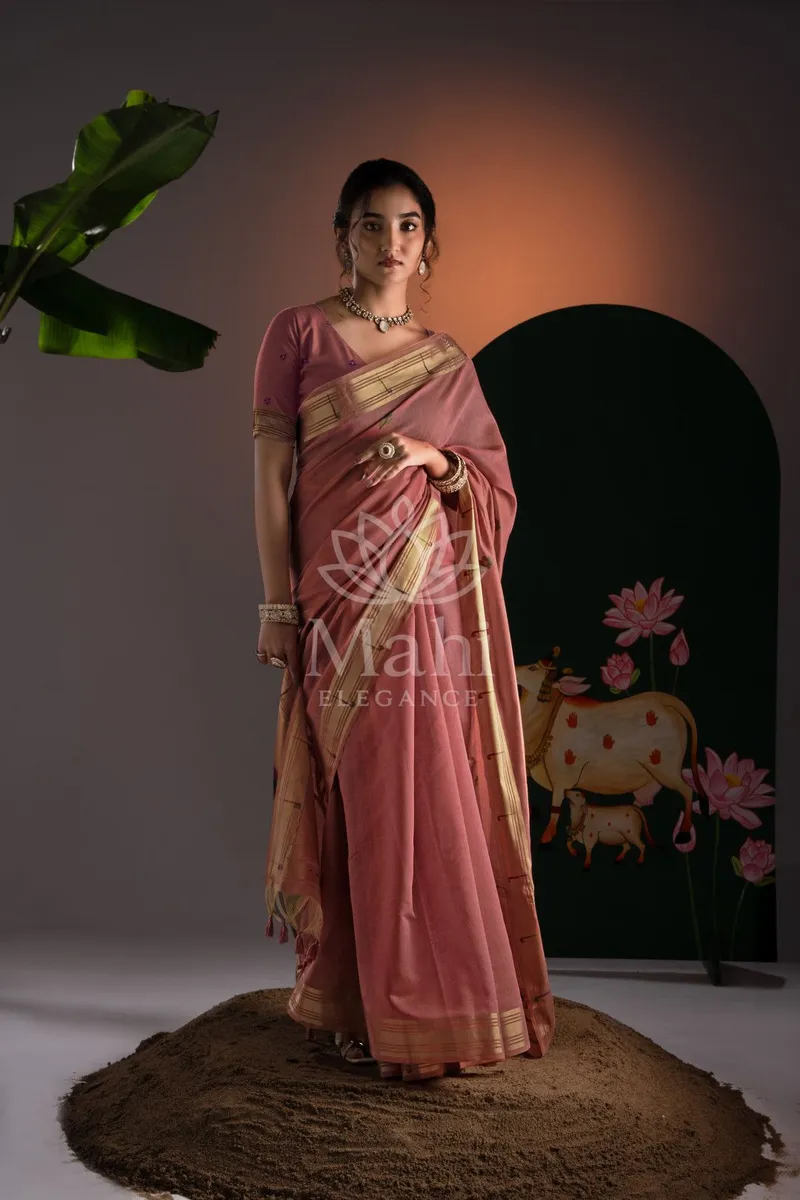 Peach Muga Cotton Saree, Paithani Flower Weave — Muga-Cotton