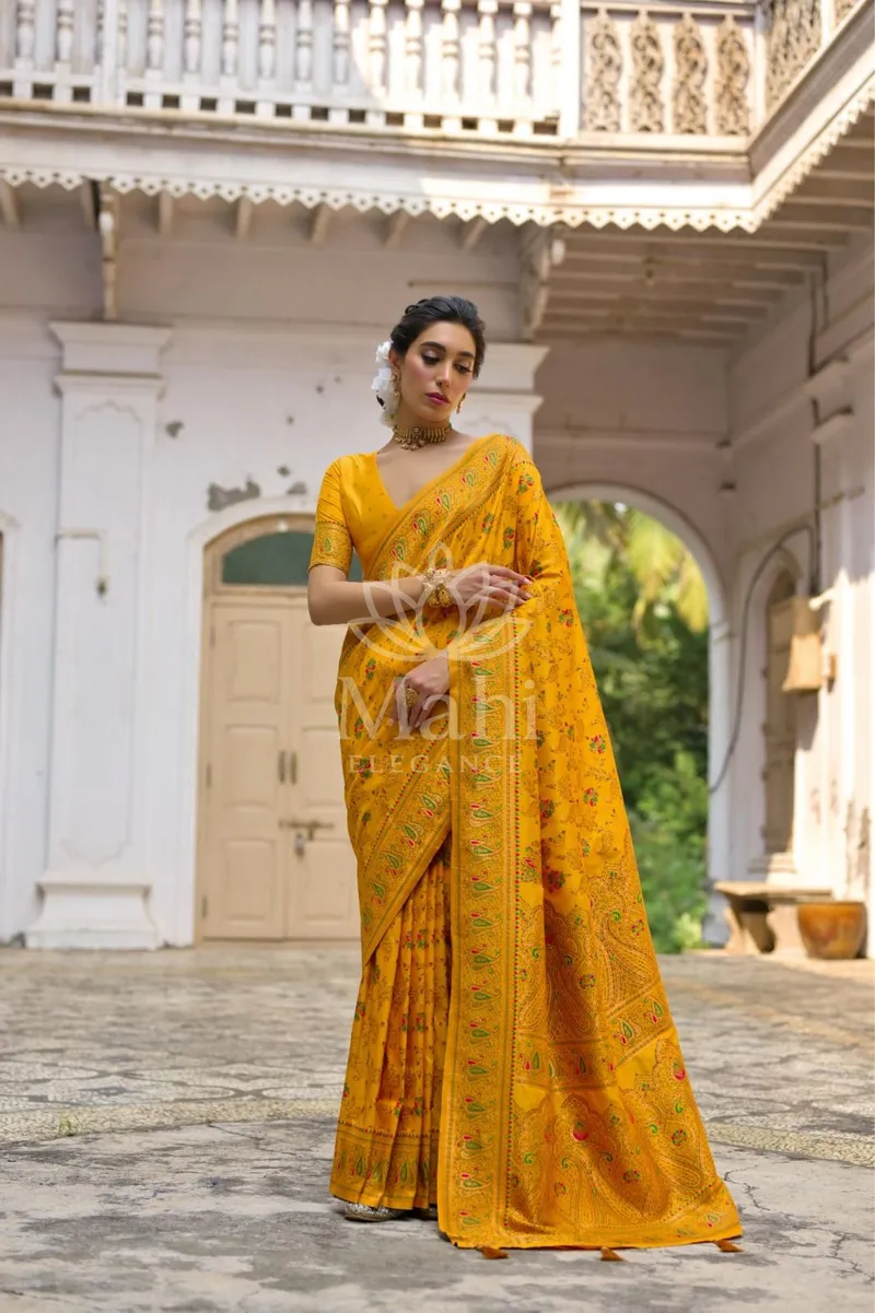 Yellow Pashmina Silk Saree, Jal Weave — Pashmina