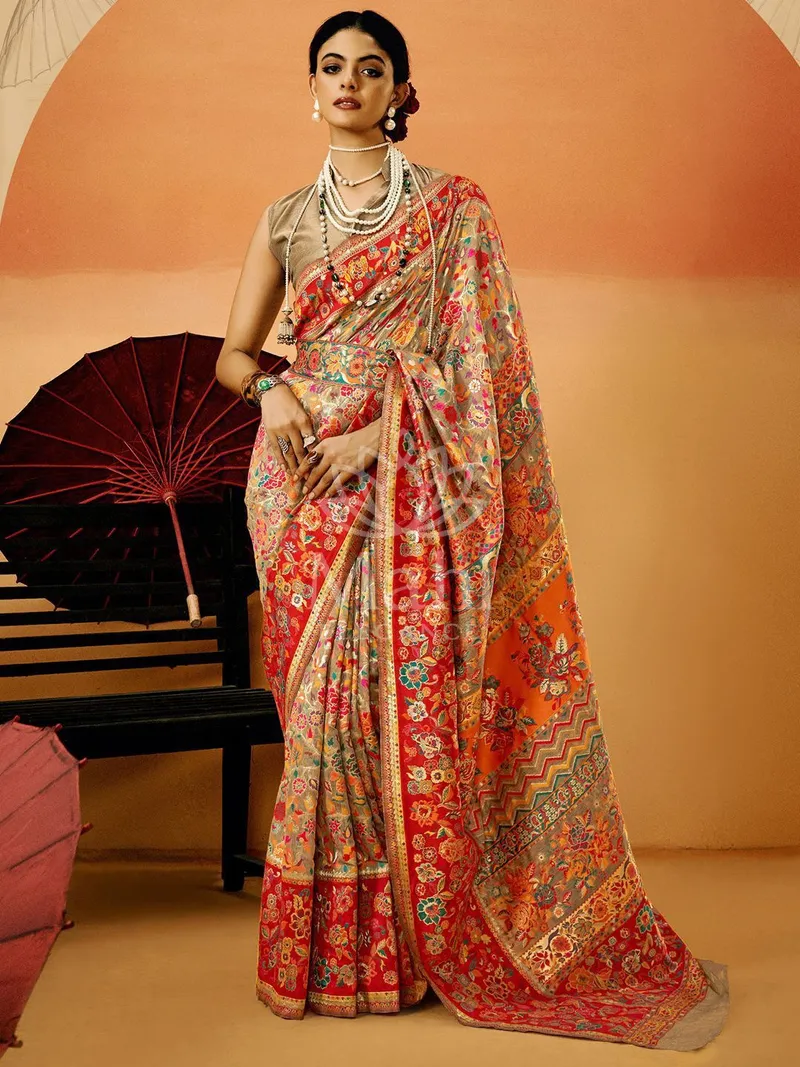 Riya Gray Pashmina Silk Saree, Woven Design — Pashmina