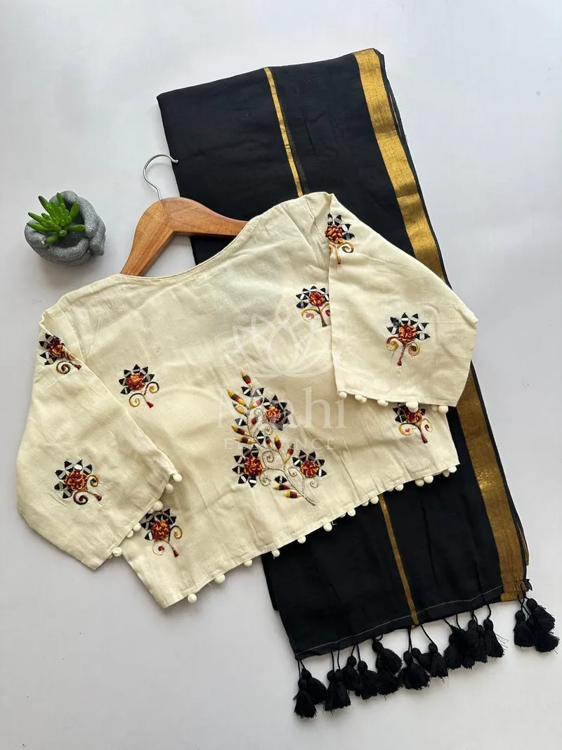 Black Mulmul Cotton Saree, Khadi Embroidery — Cotton
