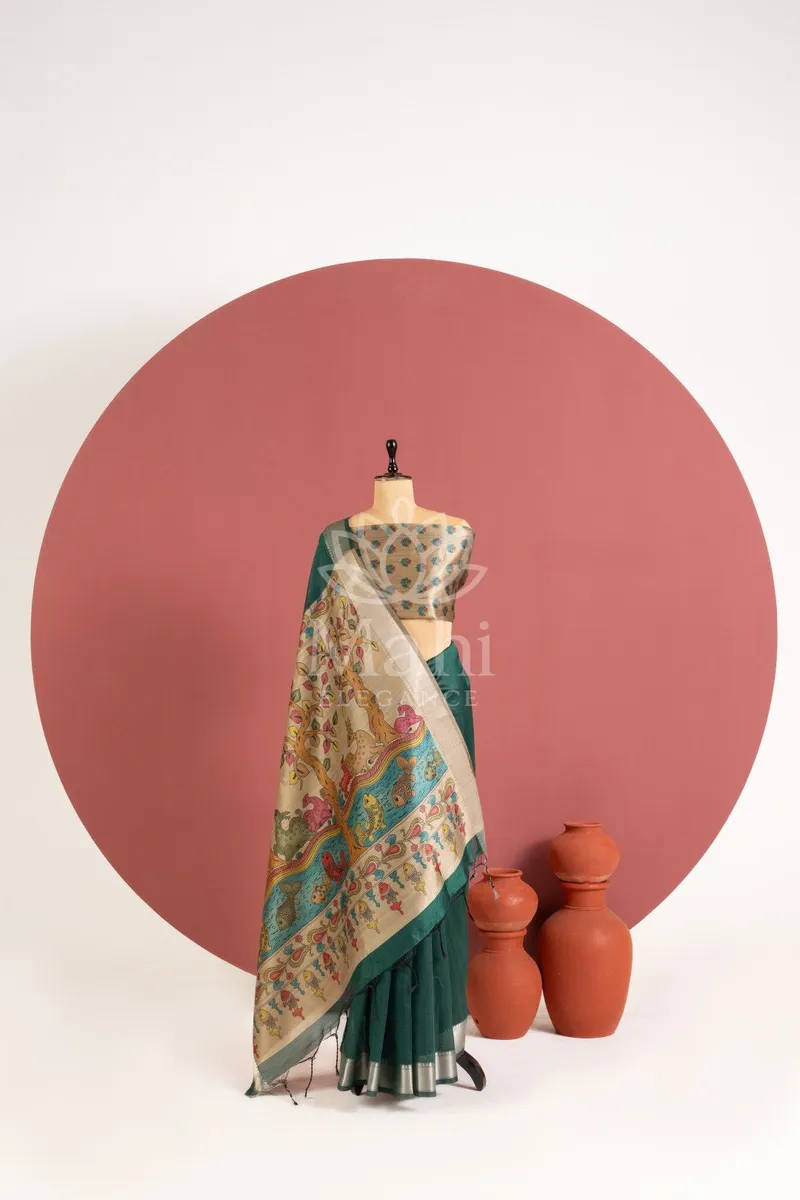 Dark Green Khadi Raw Silk Saree, Kalamkari Print — Raw Silk