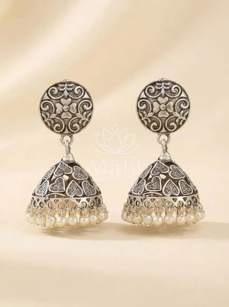 Floral Carved Dome Jhumkas — Brass Earring