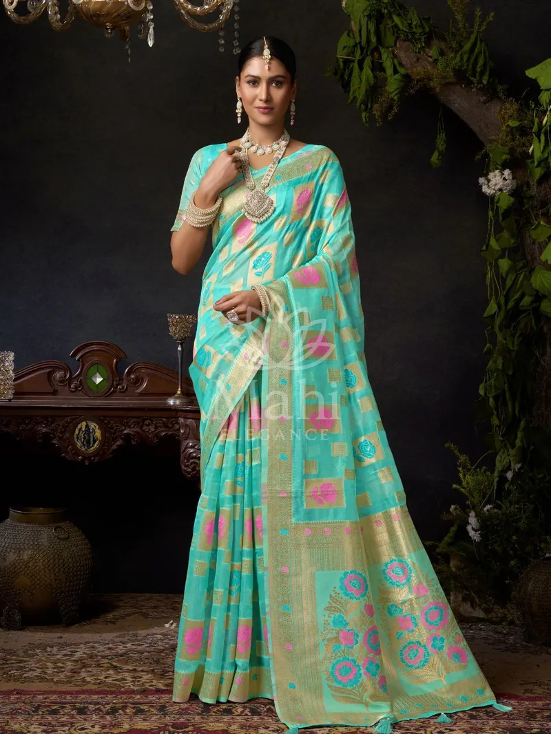 Sea Green Organza Silk Saree, Zari Zhallar Border — Organza
