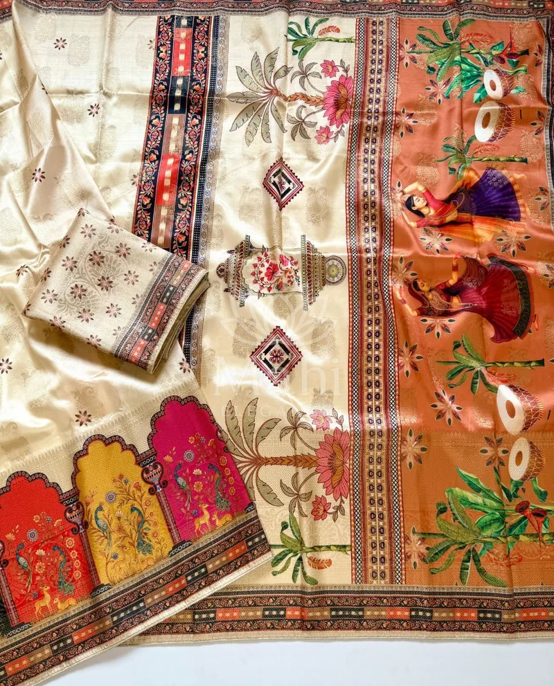 White Dola Silk Saree, Pashmina Digital Print — Dola
