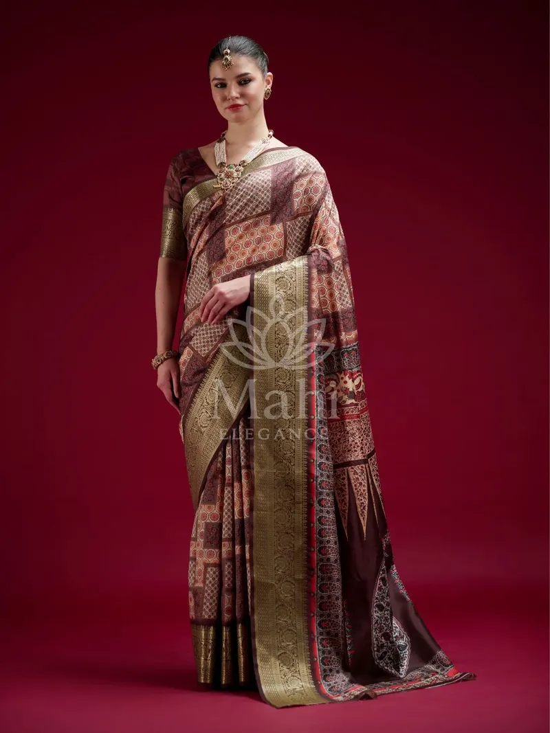 Multi Dola Silk Saree, Digital Printed Zari Border — Dola