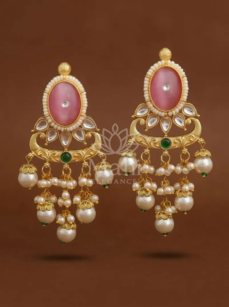 Oval Stone Pearl Cascade Danglers — Brass Earring