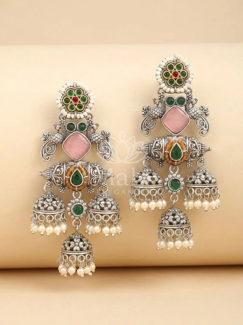 Peacock Motif Triple Jhumkas — Brass Earring