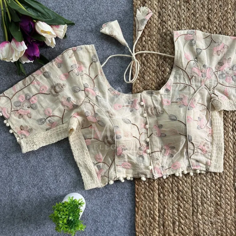 Off white color pure khadi cotton Ready made blouse with side elastic attach for fitting and thread embroidery work — Blouse