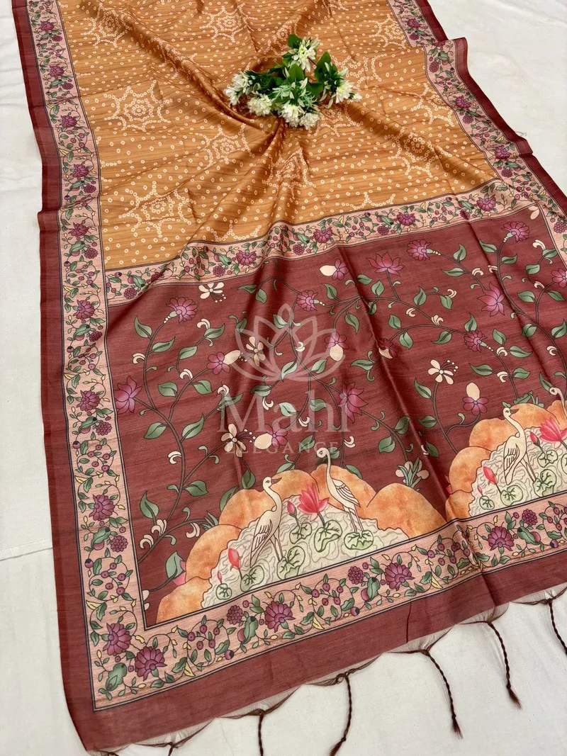 Mahi Mustard Yellow Raw Silk Saree, Bandhani & Kalamkari Print — Bandhani