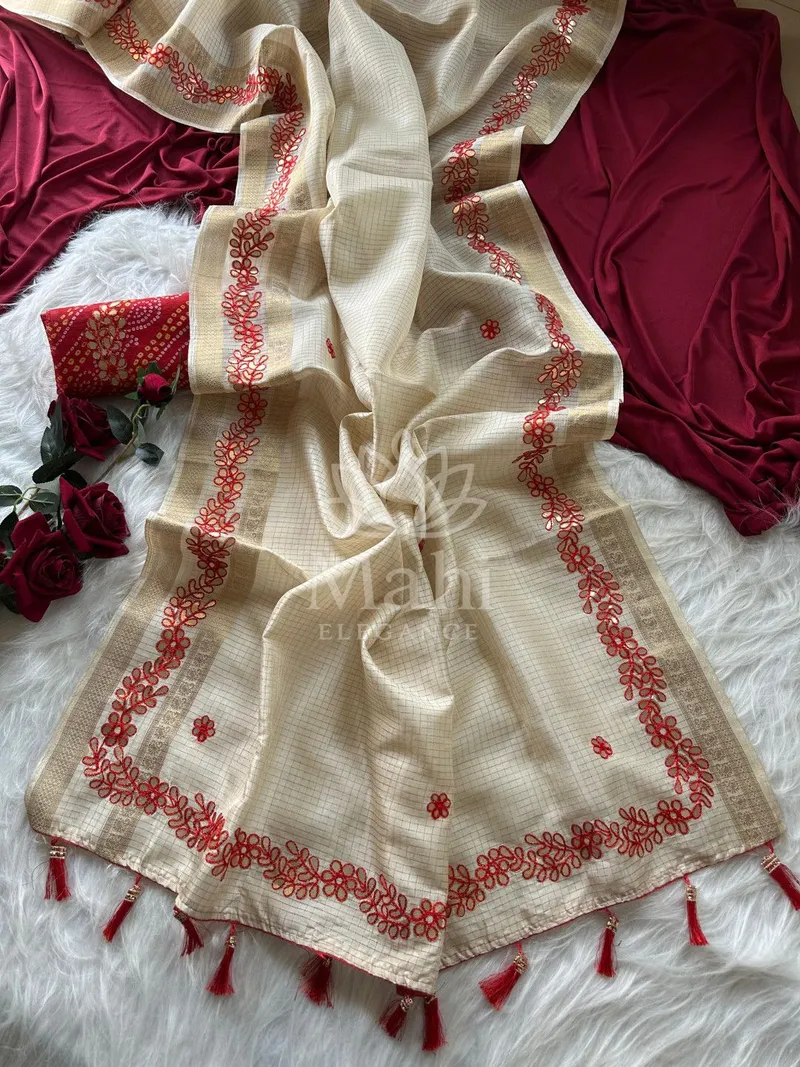 Off White Tussar Silk Saree, Rajasthani Gota Patti — Tussar