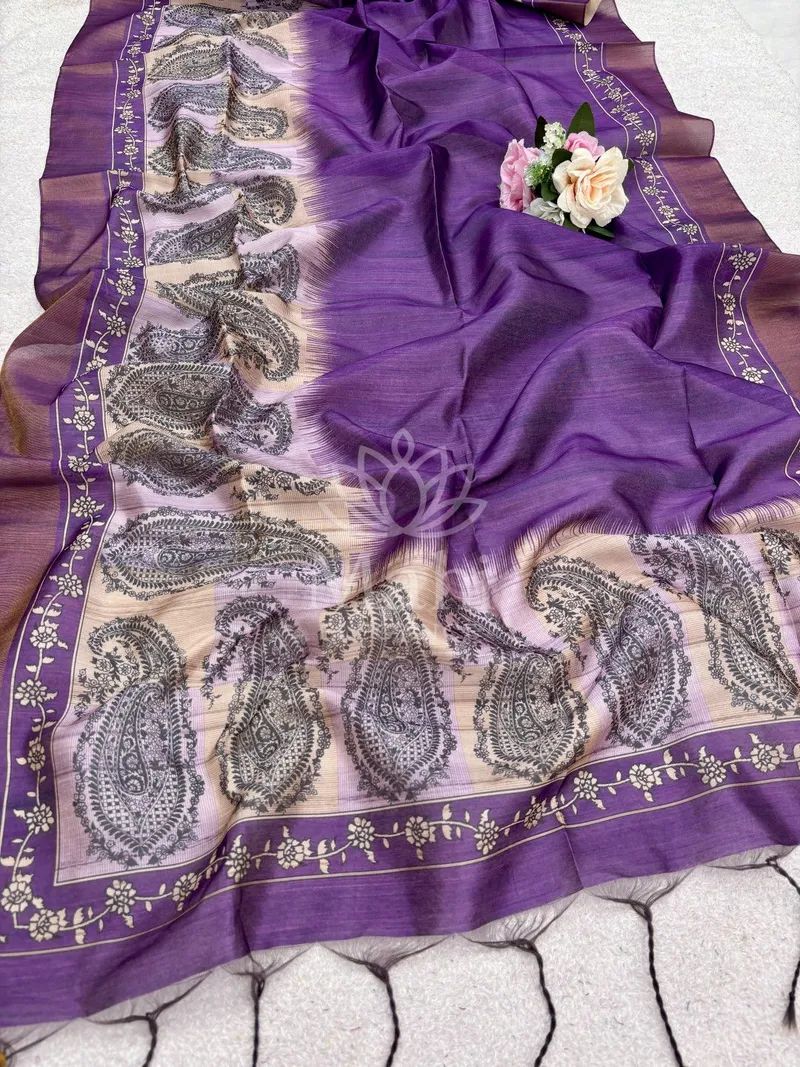 Purple Tussar Silk Saree, Digital Print — Tussar