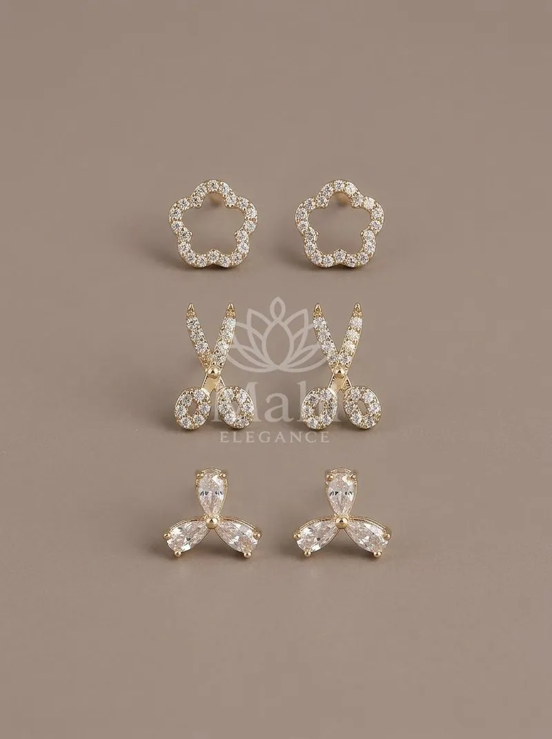 Floral Trio Stone Studs Set — Copper Alloy Earring