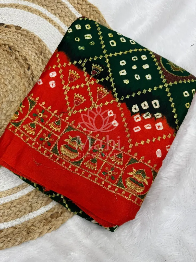 Green and Red Bandhej Silk Saree, Hand Bandhej & Embroidery — Bandhani
