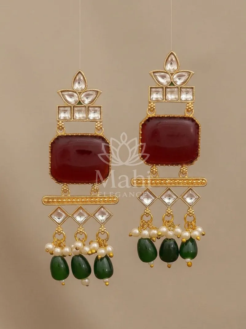 Cushion Stone Pearl Tassel Danglers — Brass Earring