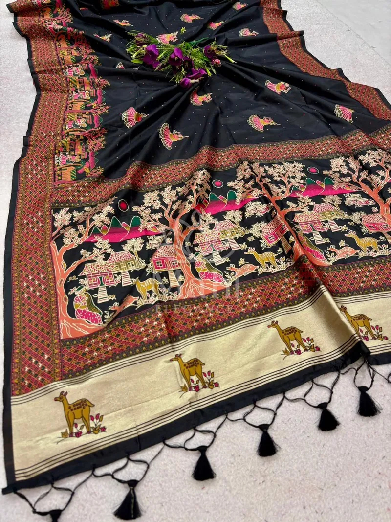 Black Banarasi Silk Saree, Pashmina Design — Banarasi