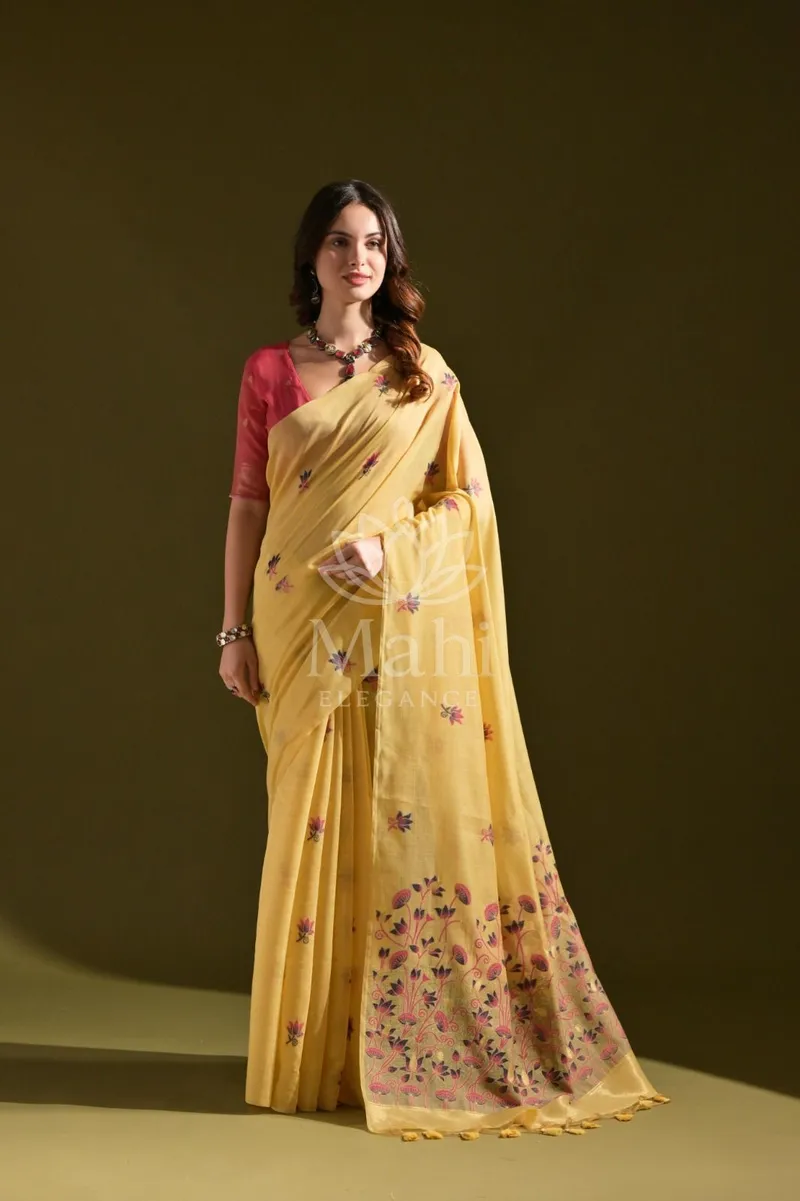 Mahi Yellow Muga Cotton Saree, Pichwai Weave — Muga-Cotton