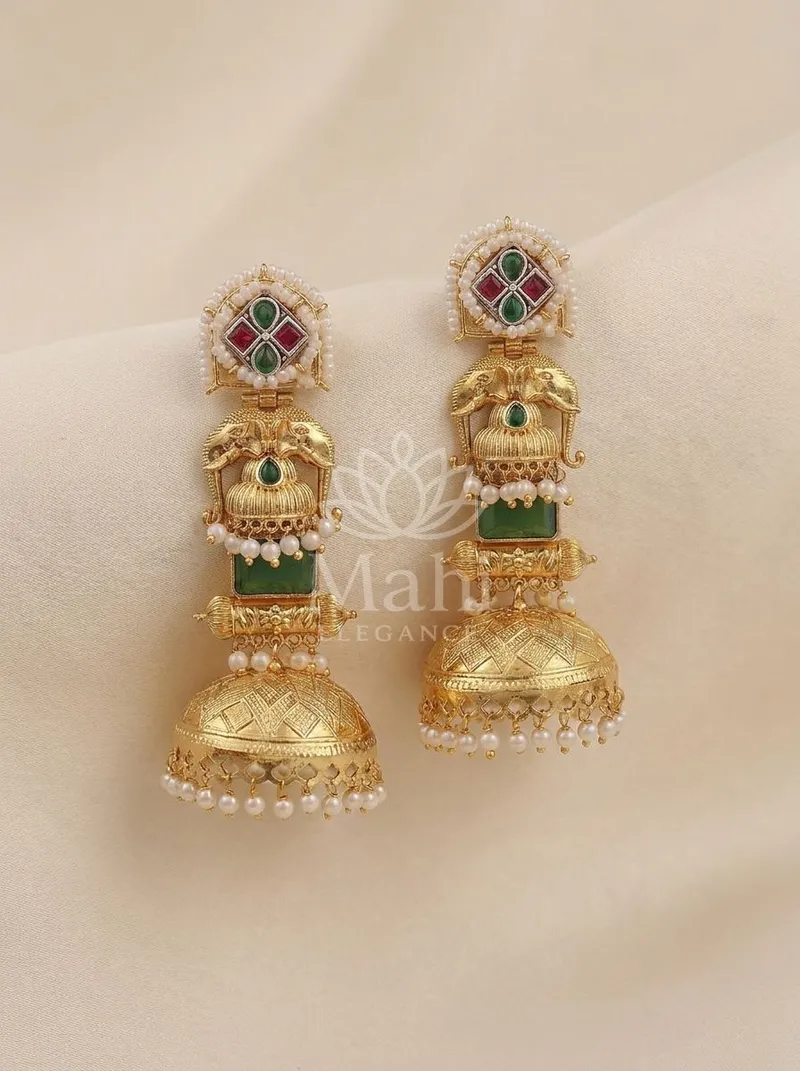 Twin Elephant Pearl Jhumkas — Brass Earring