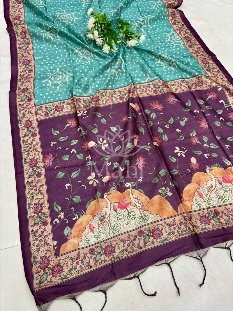 Sea Green Raw Silk Saree, Bandhani & Kalamkari Print — Bandhani