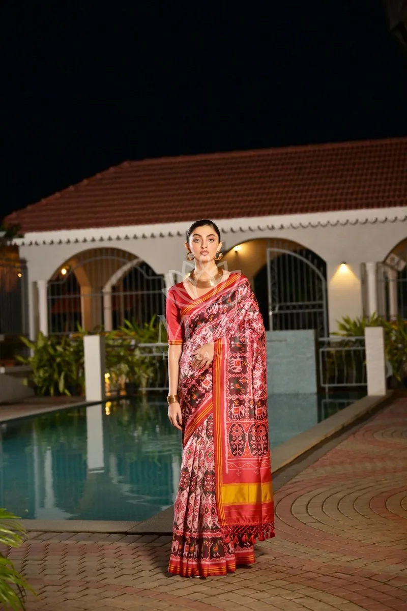 Baby Pink Patola Silk Saree, Double Ikkat Zari Weave — Patola