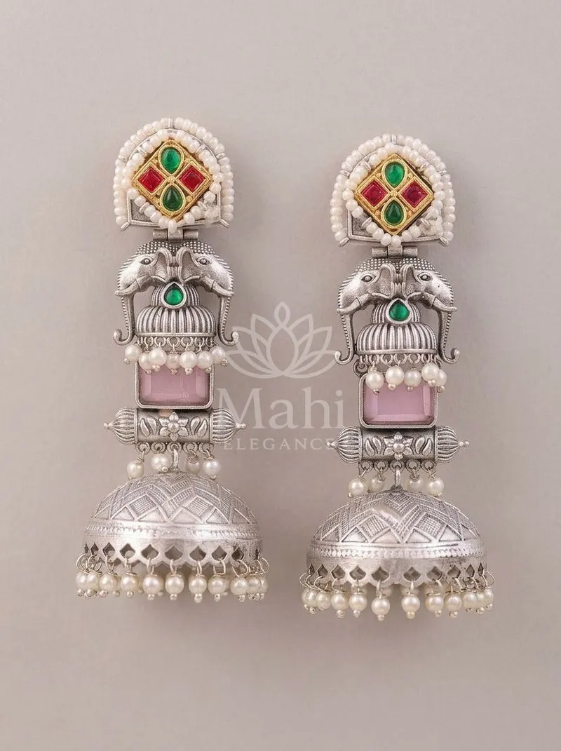 Twin Elephant Stone Jhumkas — Brass Earring