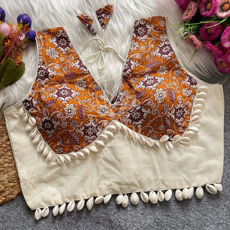 White Khadi cotton ajrakh printed readymade blouse with real shells — Blouse